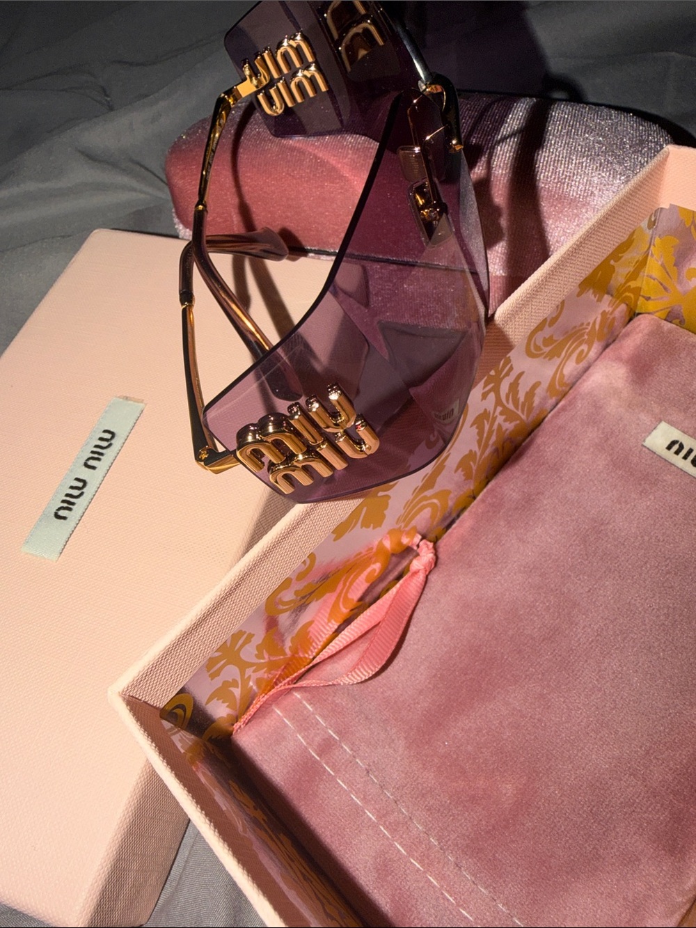 Miu Miu Purple Rimless Shield Sunglasses with Gold Logo Accent - Picture 3 of 7